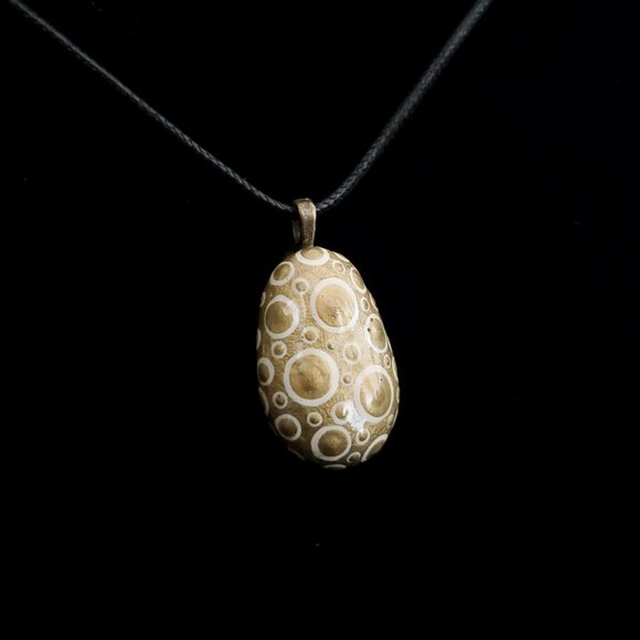 Hand Painted Dot Art Pendant. Gold with Parchment and Gold Spheres - Picture 4 of 16